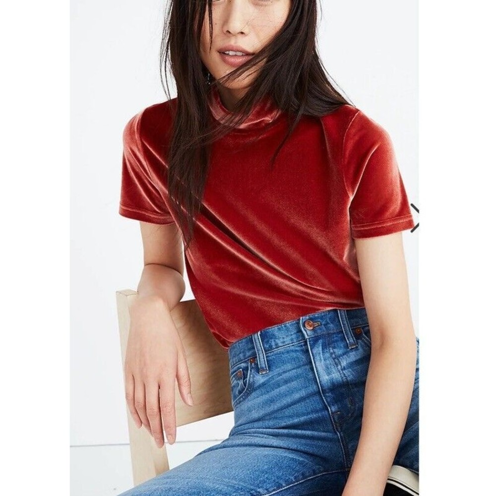 Madewell Burnt Orange Velvet Grunge Mock Neck Tee Size XXS